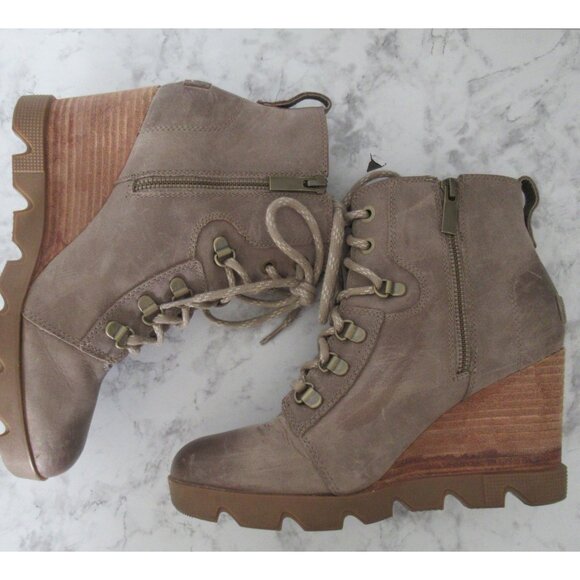 Sorel Wedge Boots 39.5 8.5 Brown Leather Lace Up Zipper Joan Of Arctic - Picture 1 of 11